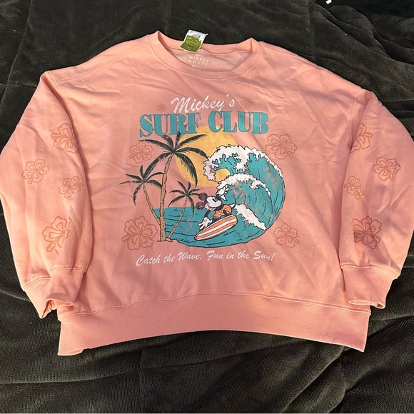 NWT Disney Mickey's Surf Club Pink Surfer Fleece Crewneck Sweatshirt - Picture 1 of 5